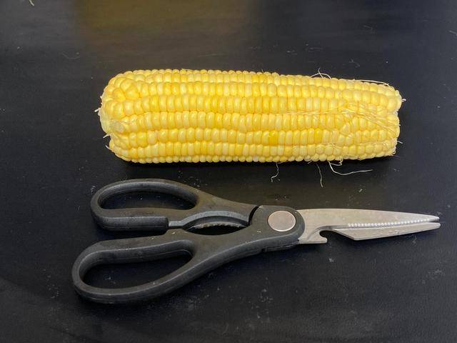 把剪刀插進玉米里，沒想到這麼厲害，1分鐘剝一大盤，真實用